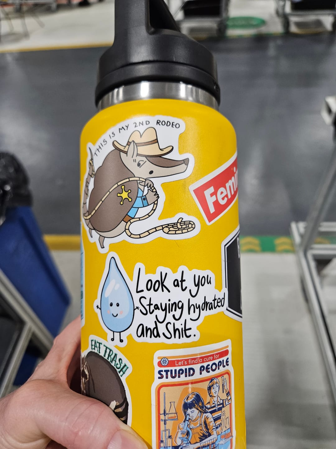 Customer photo review of "Look At You Staying Hydrated And Shit" Water Bottle Sticker