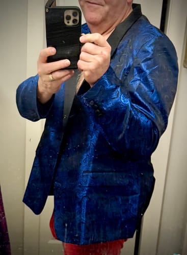 Customer photo review of Barry.wang Men's Suit Cobalt Blue Floral Silk Shawl Collar Suit Jacket