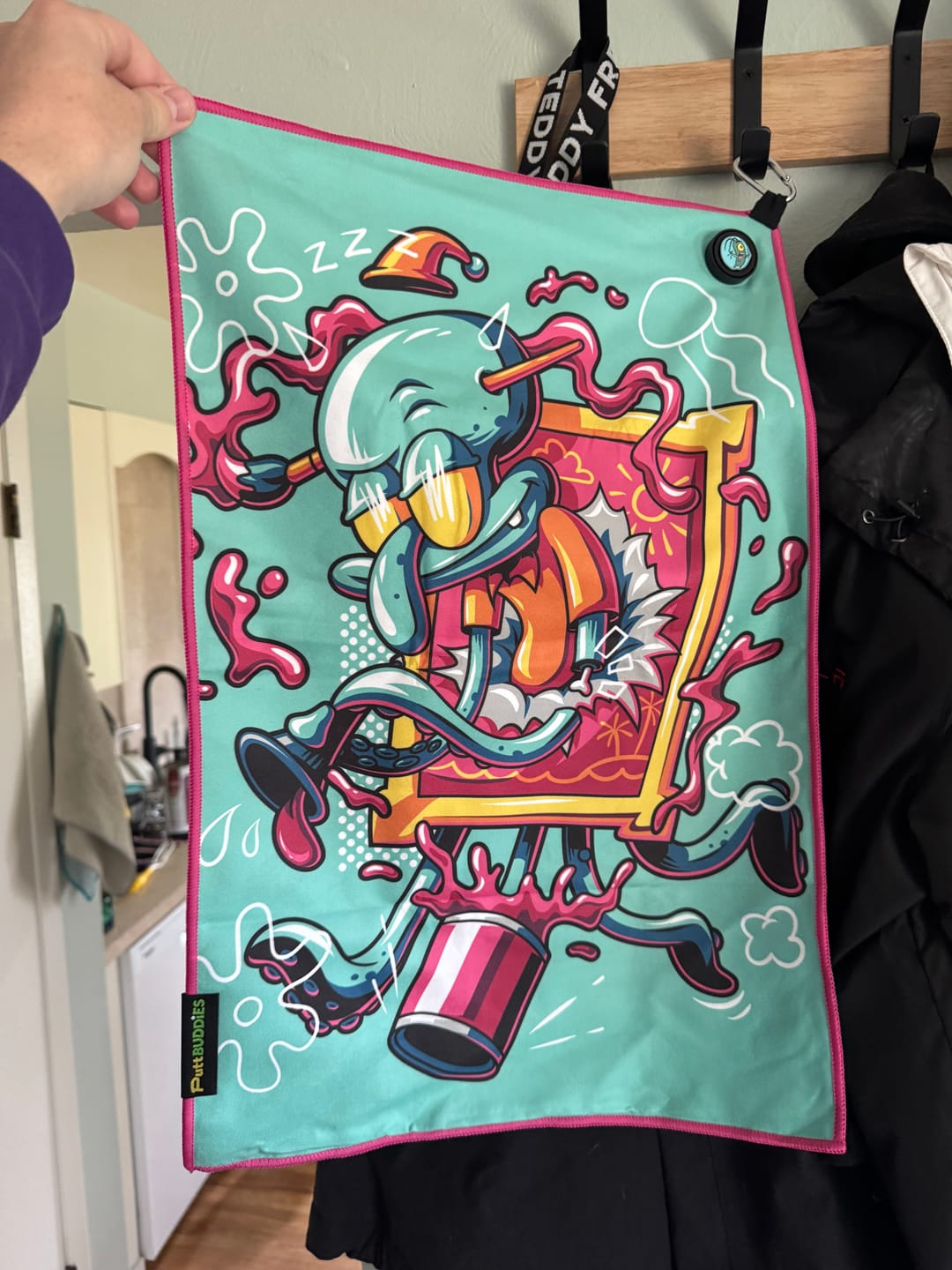 Customer photo review of [Magnetic] 'Holy Krabby Patties' Golf Towel w/ attachable Plankton ball marker