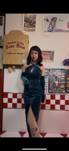 Customer photo review of Golden Era Gown and Glove Set in Teal Velvet - Vixen by Micheline Pitt