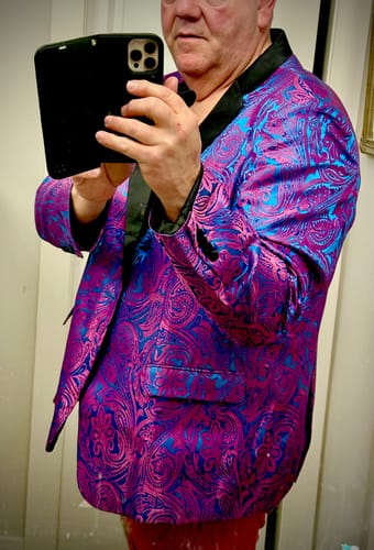 Customer photo review of Barry.wang Notched Collar Suit Men's Purple Jacquard Floral Suit Jacket
