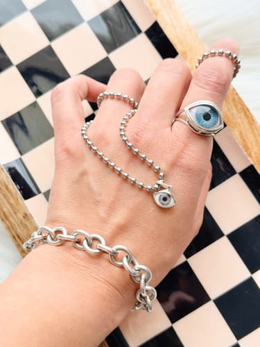 Customer photo review of Blue Freckled Silver Mini Eye Pendant