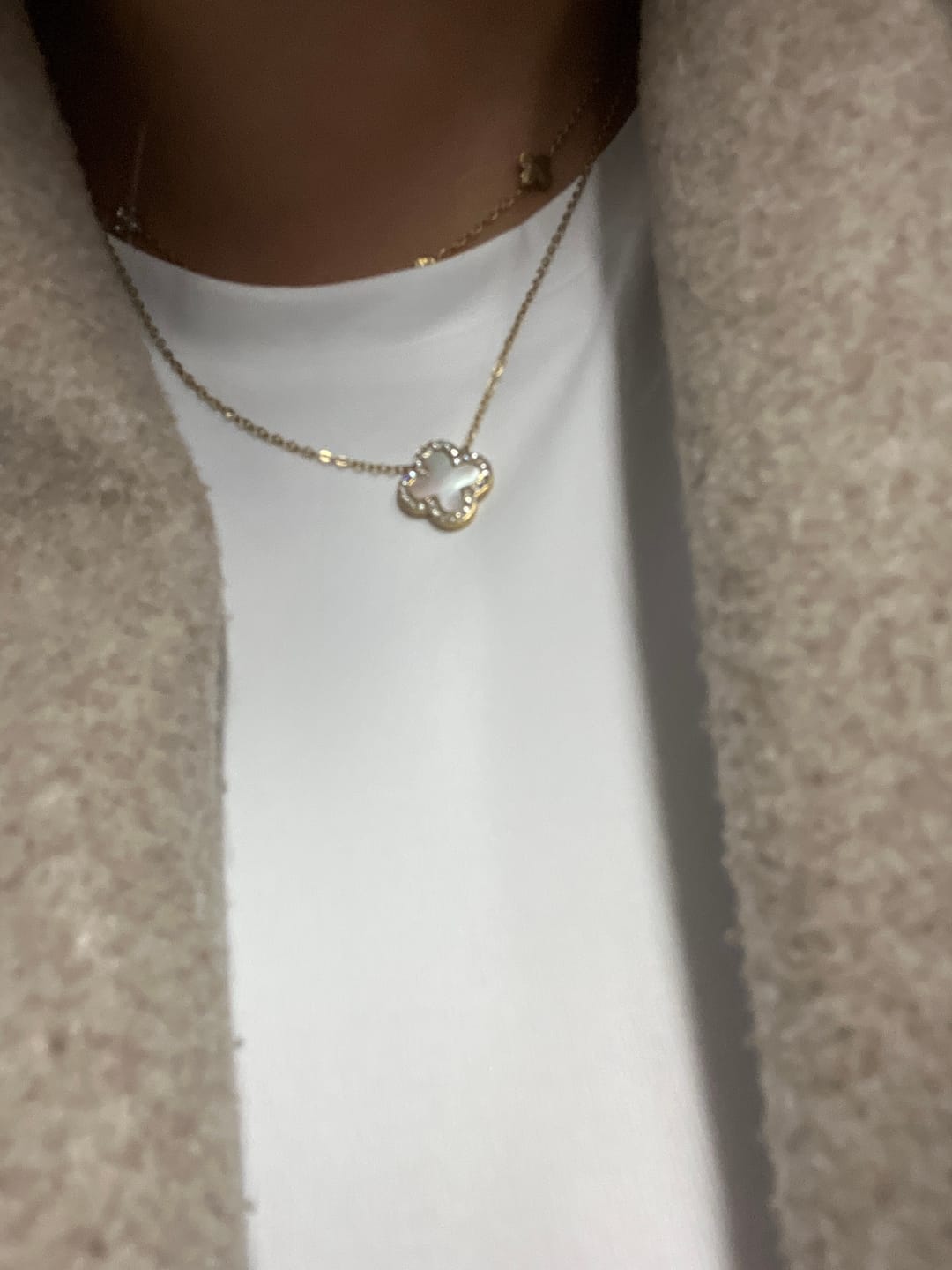 Customer photo review of Pave Perlmutt Lucky Leaf Kette 14K Vergoldet