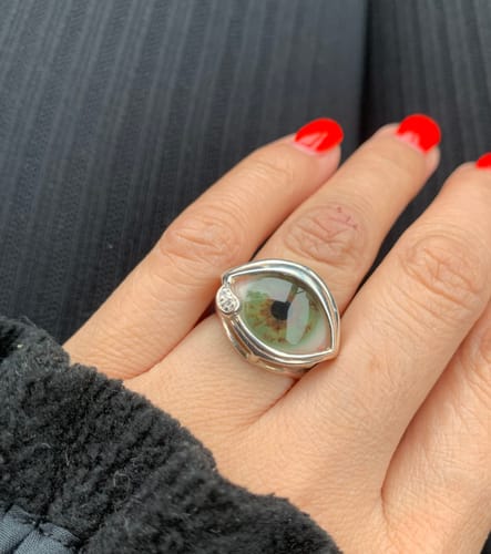 Customer photo review of Hand Painted Hazel Silver Skeleton Eye Ring with Teardrop