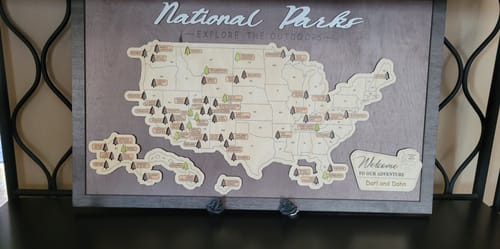 Customer photo review of US Wooden National Parks Travel Map With Trees To Record Park Visits (Coffee)