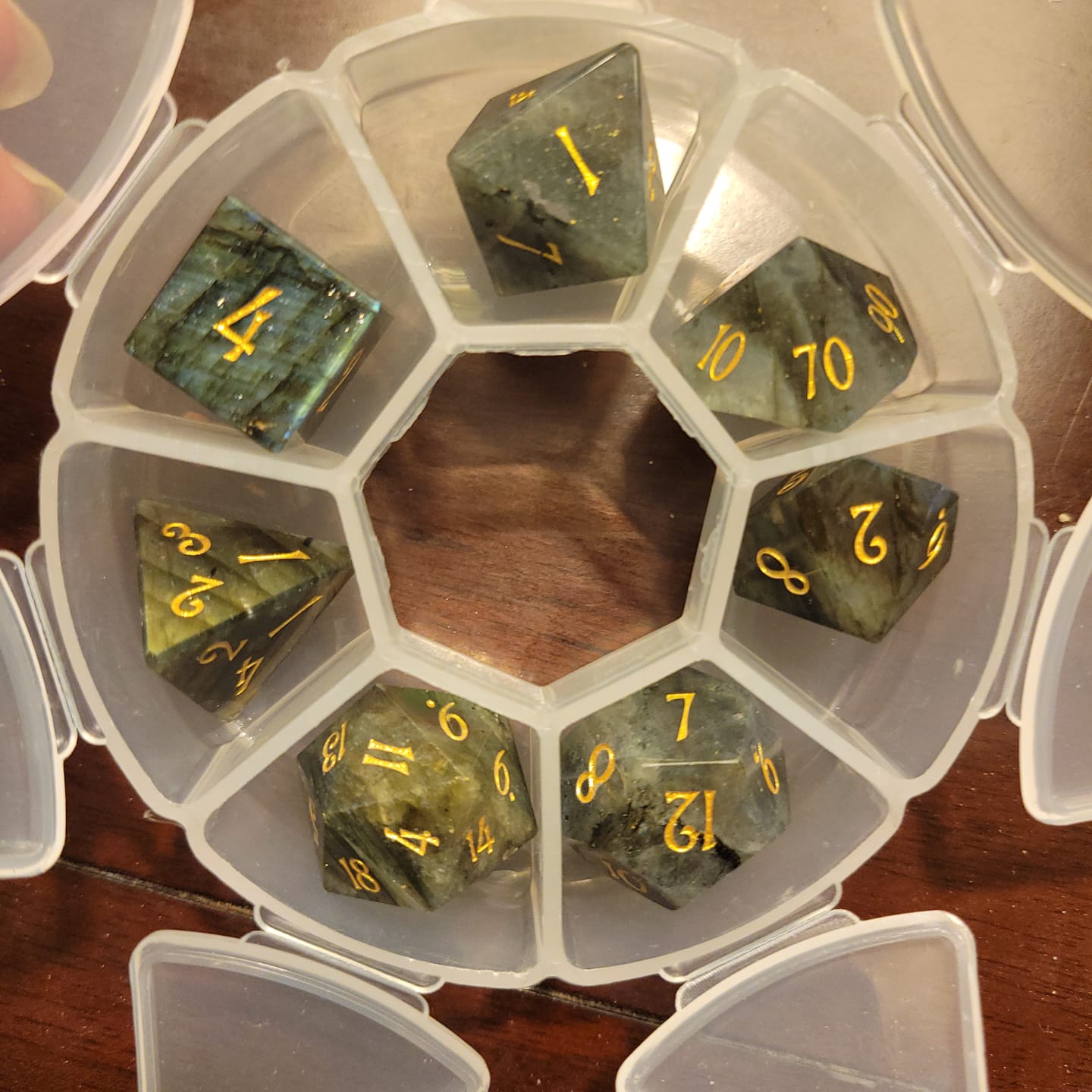 Customer photo review of URWizards D&D Labradorite Gemstone Engraved Dice Set