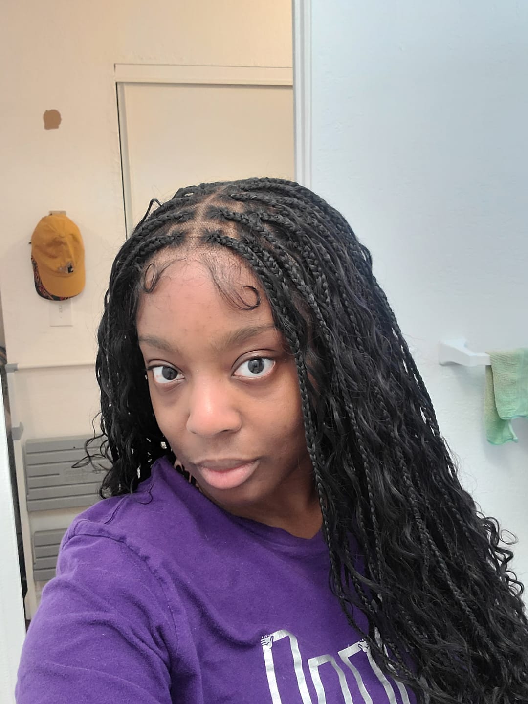 Customer photo review of Kiki -  24" Pre Bleached Human Hair Lace Base Swiss HD Full Lace Human Hair Curls Boho Box Braided Wig