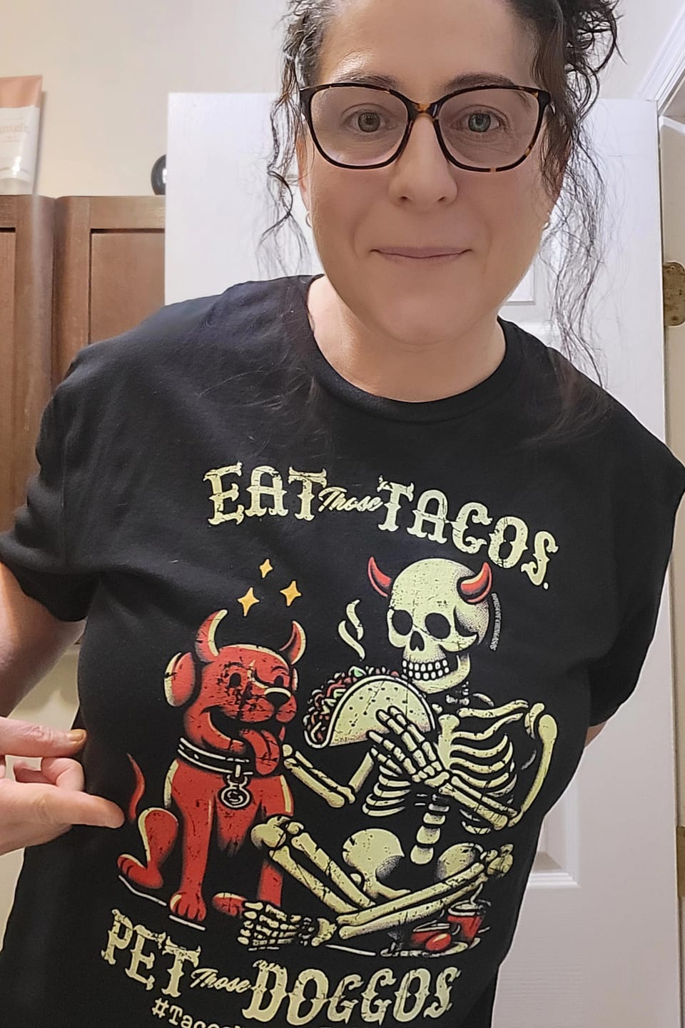 Customer photo review of Eat Those Tacos Pet Those Doggos T-Shirt