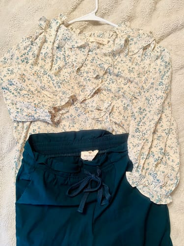 Customer photo review of Cherry Blossoms Ruffle Front Blouse