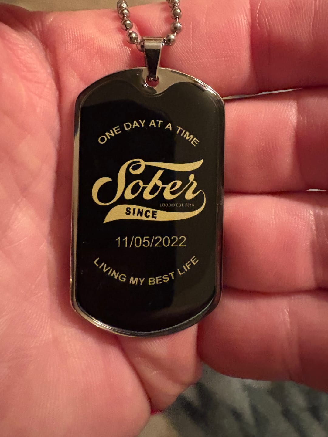 Customer photo review of Loosid Sober Since Dog Tag w/Personalized Sobriety Date