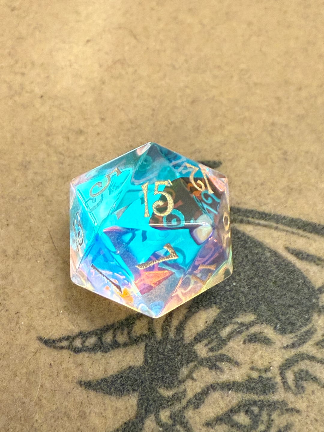 Customer photo review of URWizards D&D Dichroic Prism Glass Gemstone Engraved Dice Set
