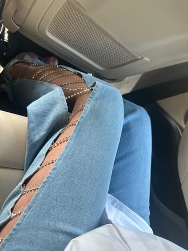 Customer photo review of Side Slit Rhinestone Embellished Wide Leg Jeans