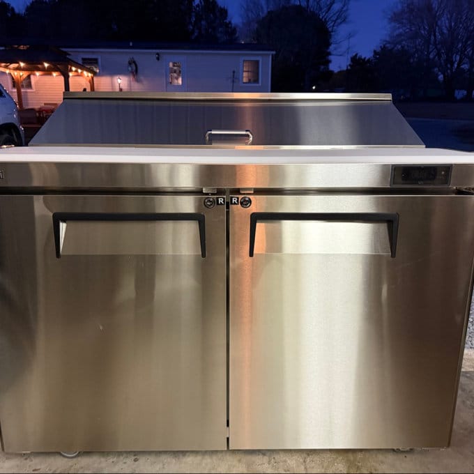 Customer photo review of Coolski 48’’ W Commercial Refrigerator, Refrigerated Sandwich Salad Prep Table with 12 Pans Cutting Board, Mega Top/Stainless Steel/13 Cu.FT. Capacity/ETL NSF Approved