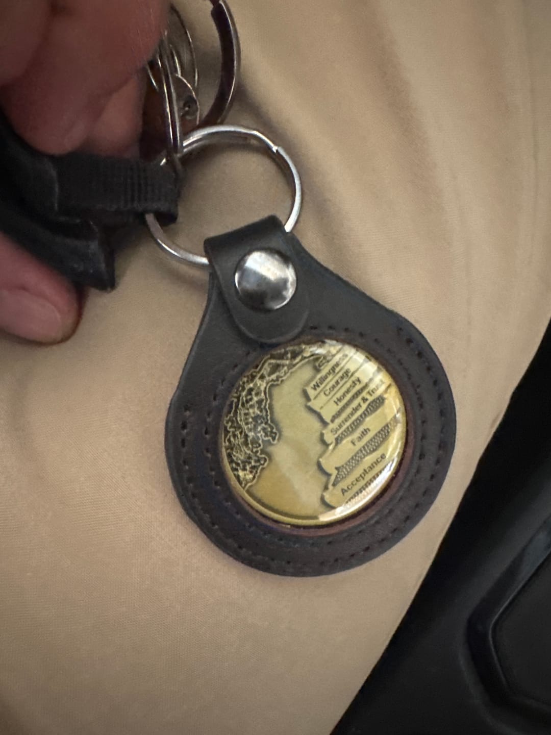 Customer photo review of Sobriety Mint Genuine Leather 34mm AA Medallion Keychain Holder - Recovery Chip/Coin/Token Holder - Dark Brown