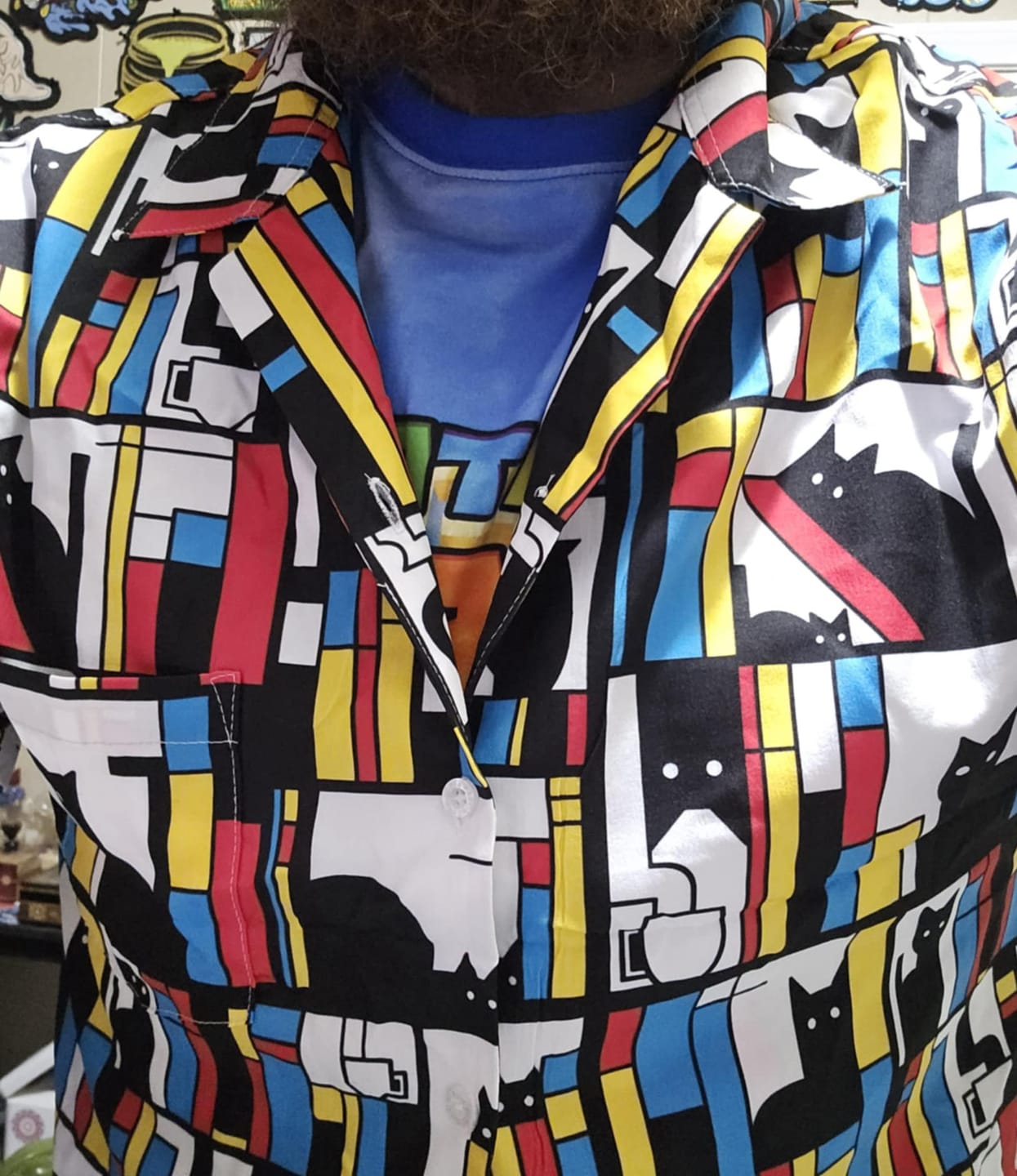 Customer photo review of Mondrian Cat Library Button Up Shirt