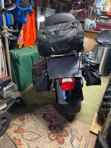 Customer photo review of Leather Roll Bag Mounts to Sissy Bar Easily (14X10X10)