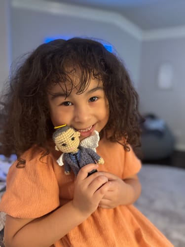 Customer photo review of Dolly® Personalized Crochet Doll with Photo Card