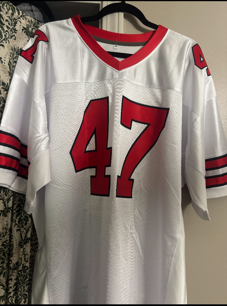 Customer photo review of Custom White Red-Black Classic Style Mesh Authentic Football Jersey