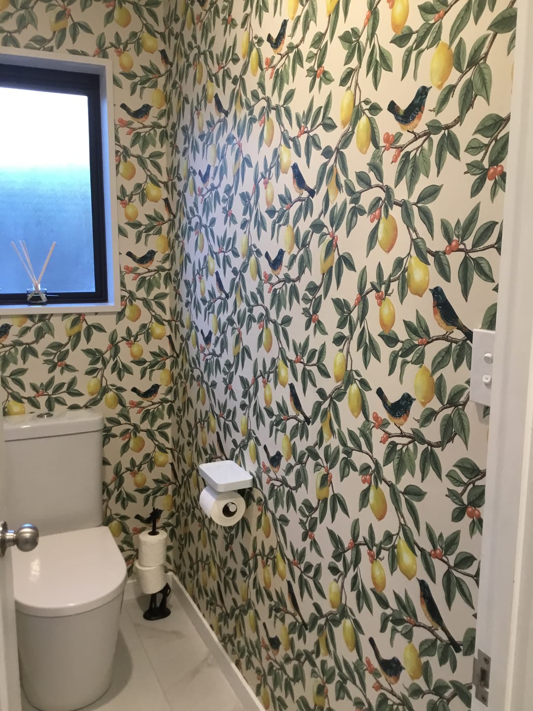 Customer photo review of Ponderosa Bird and Lemon Wallpaper - Cream/Orange