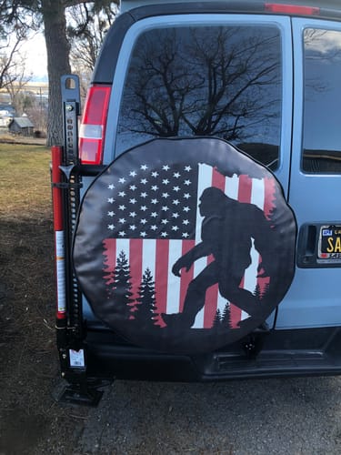 Customer photo review of Bigfoot or Sasquatch American Flag Spare Tire Cover for Bronco, Jeep, Camper, RV, & More