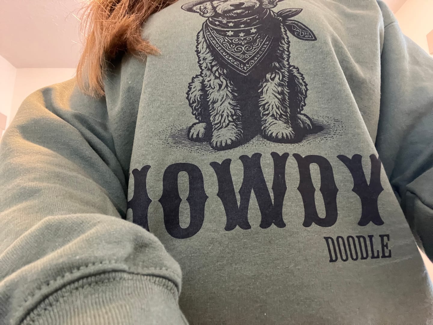 Customer photo review of Howdy Golden doodle Sweatshirt