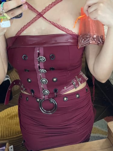 Customer photo review of 3 piece mini skirt set:Long flared sleeve PU leather rivet metal chain shrug 3 piece mini skirt set