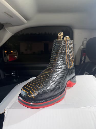 Customer photo review of Black & Yellow Python Leather Botin With 3D Lightweight Soles - Square Toe