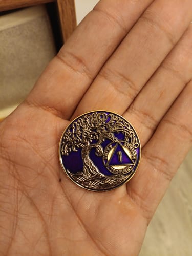 Customer photo review of 1 Year Sobriety Mint Twisted Tree of Life Gold Plated AA Recovery Medallion - One Year Chip/Coin - Purple