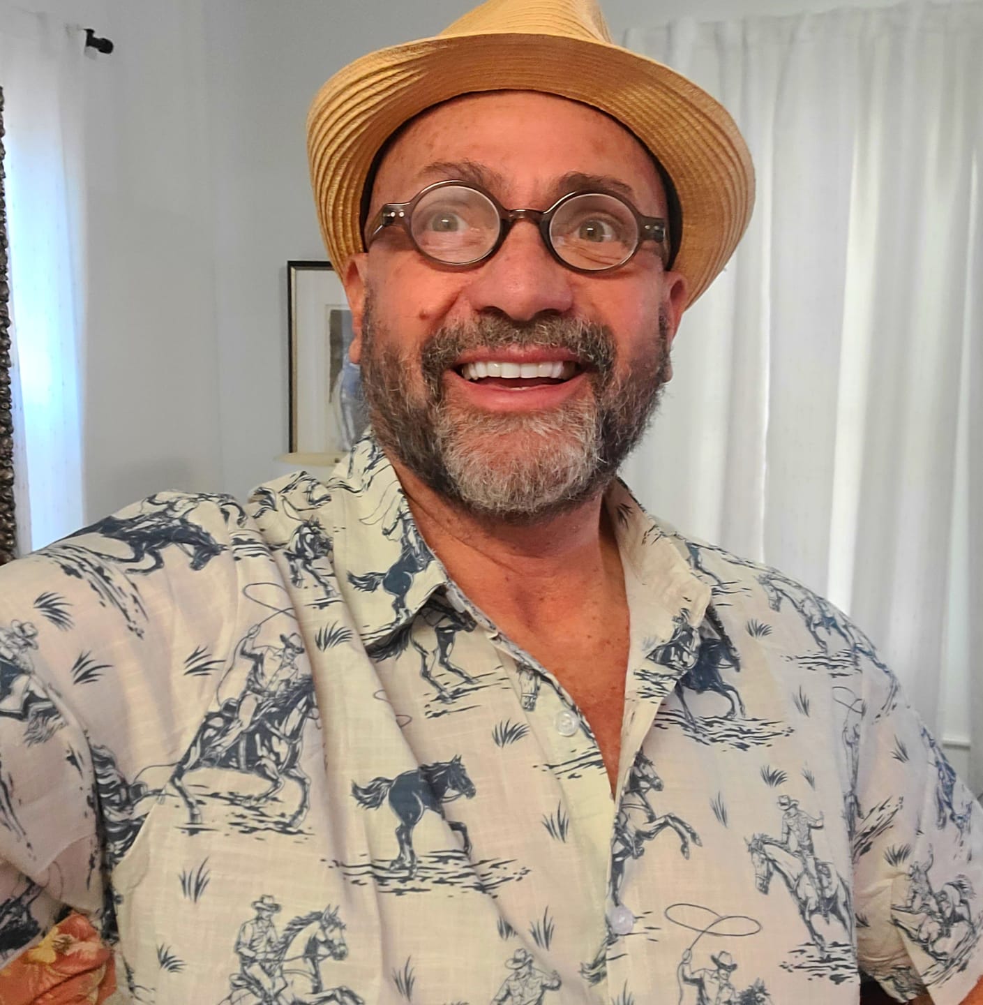 Customer photo review of Men's Horse Print Cowboy Button Up Holiday Short Sleeve Shirt