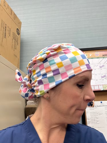 Customer photo review of DuoStyle Scrub Hat - Bright Checkers