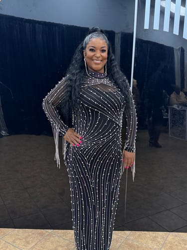 Customer photo review of Emiliana Rhinestone Pearl Maxi Dress - Black