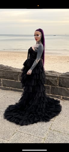 Customer photo review of Gothic Black Strapless Evening Gown - Layered Tulle Ruffle Dress with Sweetheart neckline - Corset Tulle Dress - High-Low Dress Plus Size