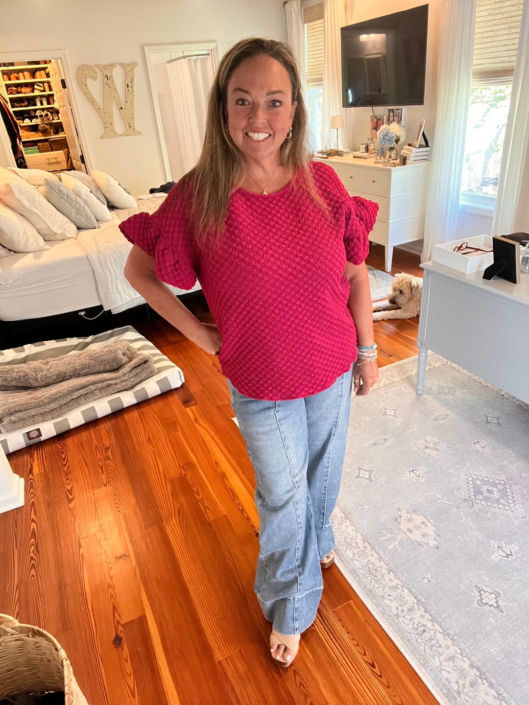 Customer photo review of Bold Textured Bell Sleeve Blouse