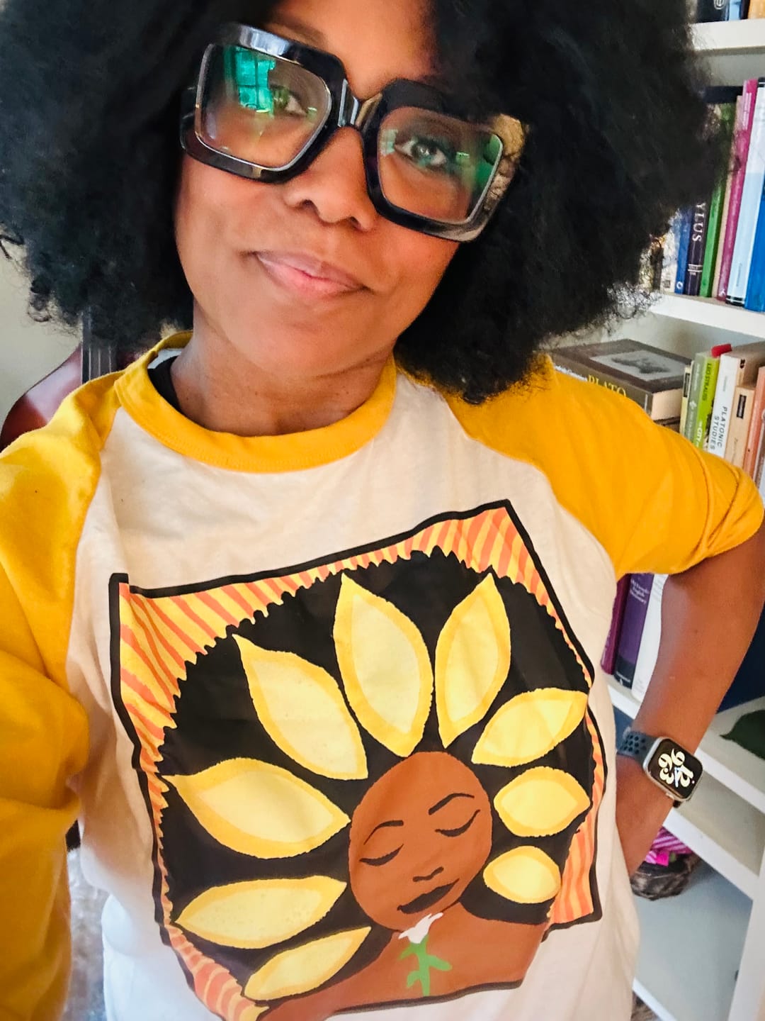 Customer photo review of The Sunflower Baseball Tee in Yellow Gold and Creme (off white)