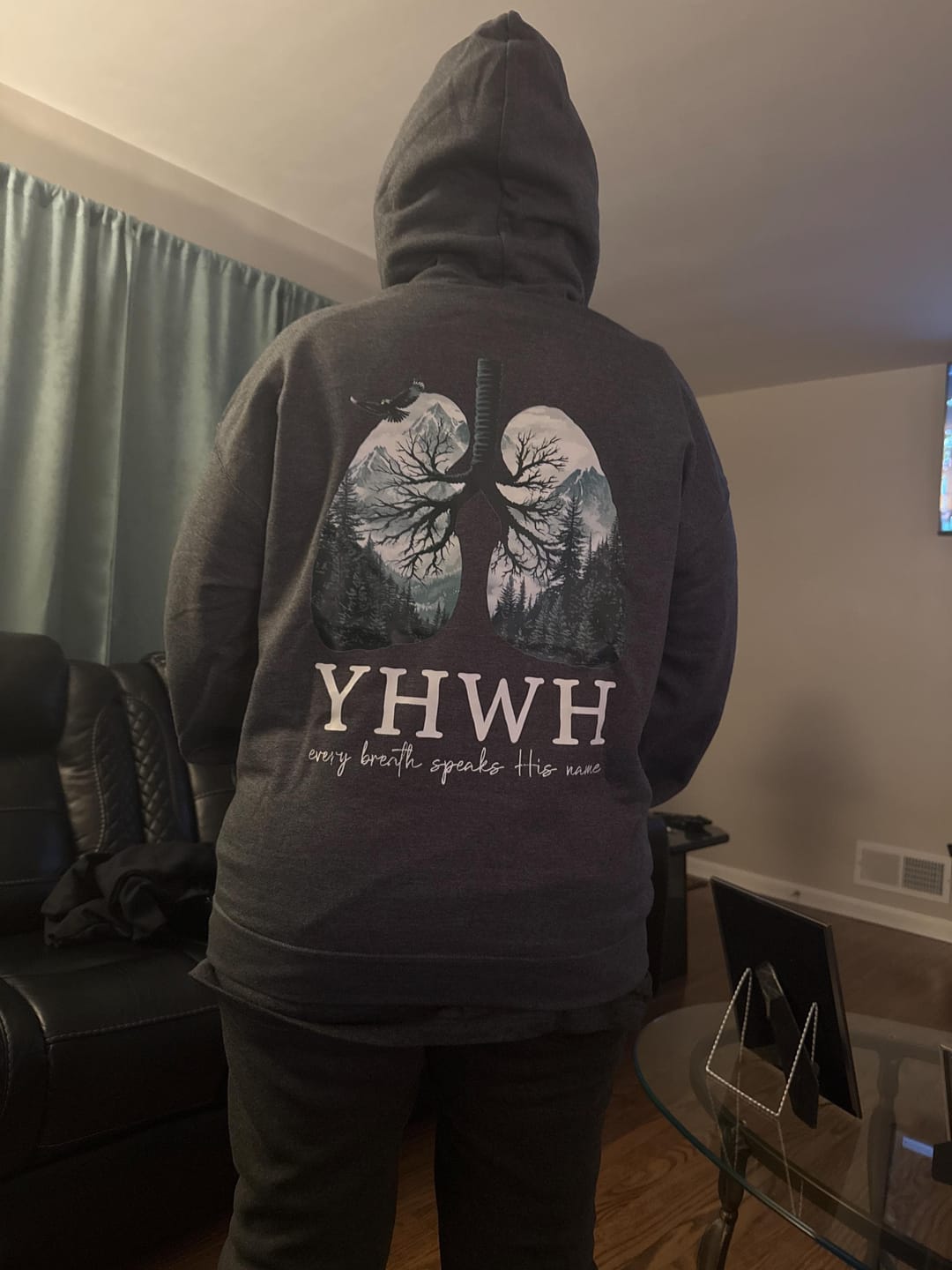 Customer photo review of YHWH Lungs Christian, Front and Back, Every Breath Speak His Name, Hebrew, Name of God, Faith Apparel Hoodie, Hooded Sweatshirt