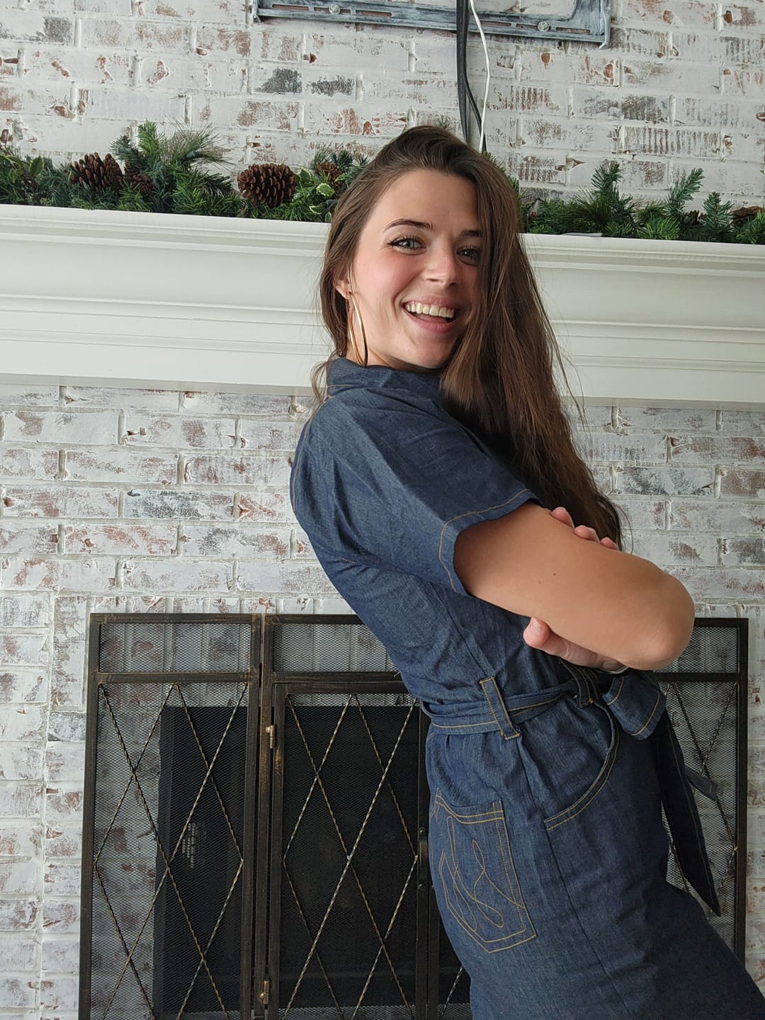 Customer photo review of Indigo Cotton Denim Front Zipper Safari Jumpsuit