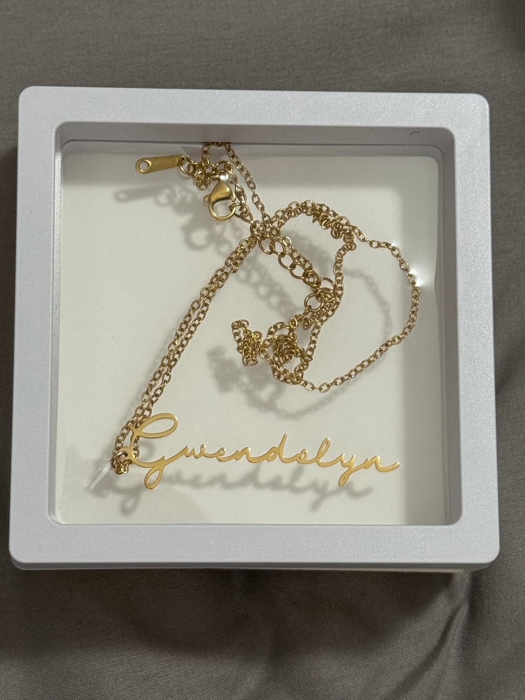 Customer photo review of Vertical Script Name Necklace