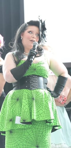 Customer photo review of Glamour Girl Peplum Dress in Slime Green and Black Spiderweb - Vixen by Micheline Pitt