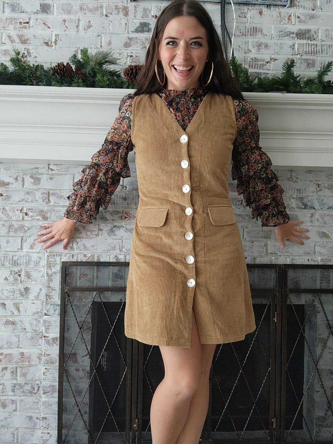 Customer photo review of Dusk Beige Warm Cotton Corduroy Button-Down Short Dress