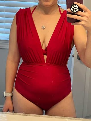 Customer photo review of Emoswimsuit - Women's One Piece Swimsuit Halter Plunging Neck Bathing Suit Wide Straps Underwire Ruched Back Hook