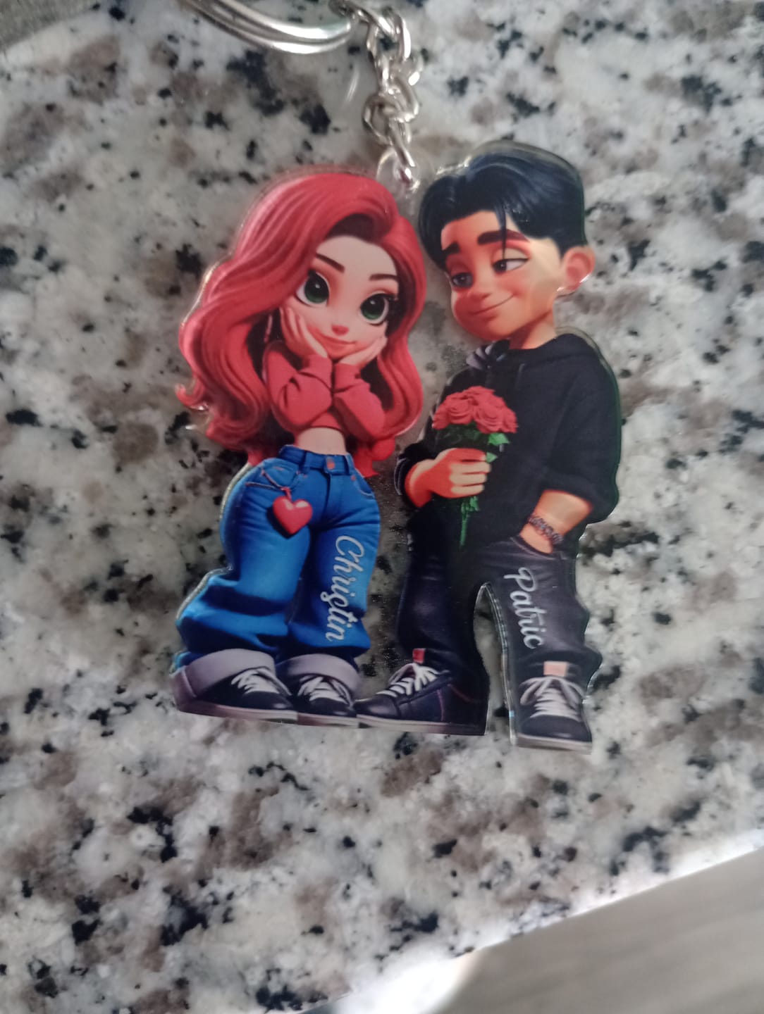 Customer photo review of 3D Effect Y2K Couple Personalized Acrylic Keychain, Perfect Gift For Couple, for him, for her