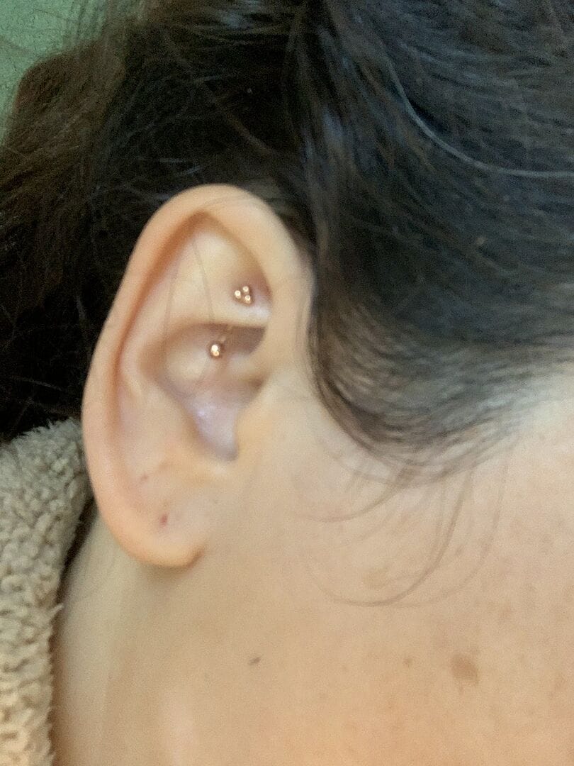Customer photo review of 14K Gold Triangle Ball Rook Piercing 18G16G