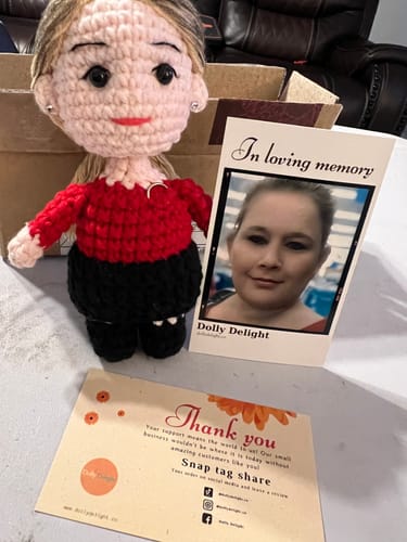 Customer photo review of Dolly® Personalized Crochet Doll with Photo Card