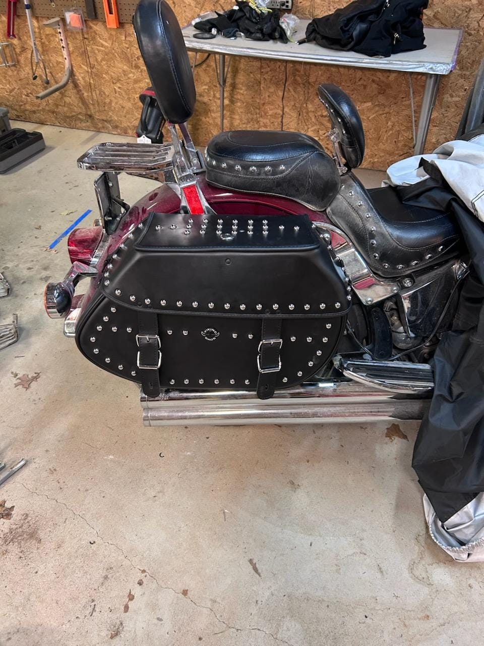 Customer photo review of 35L - Legacy Extra Large Studded Leather Motorcycle Saddlebags for Harley Softail Heritage FLSTC/I