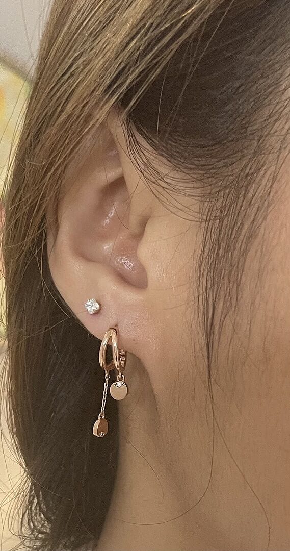Customer photo review of 14K Gold Mini Cubic Coin Drop Chain Hoop Earring