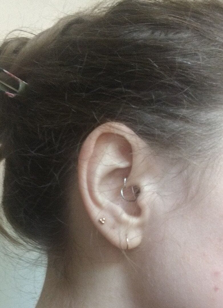 Customer photo review of 14K Gold Internally Threaded Triple Ball Tragus Labret Piercing 18G16G