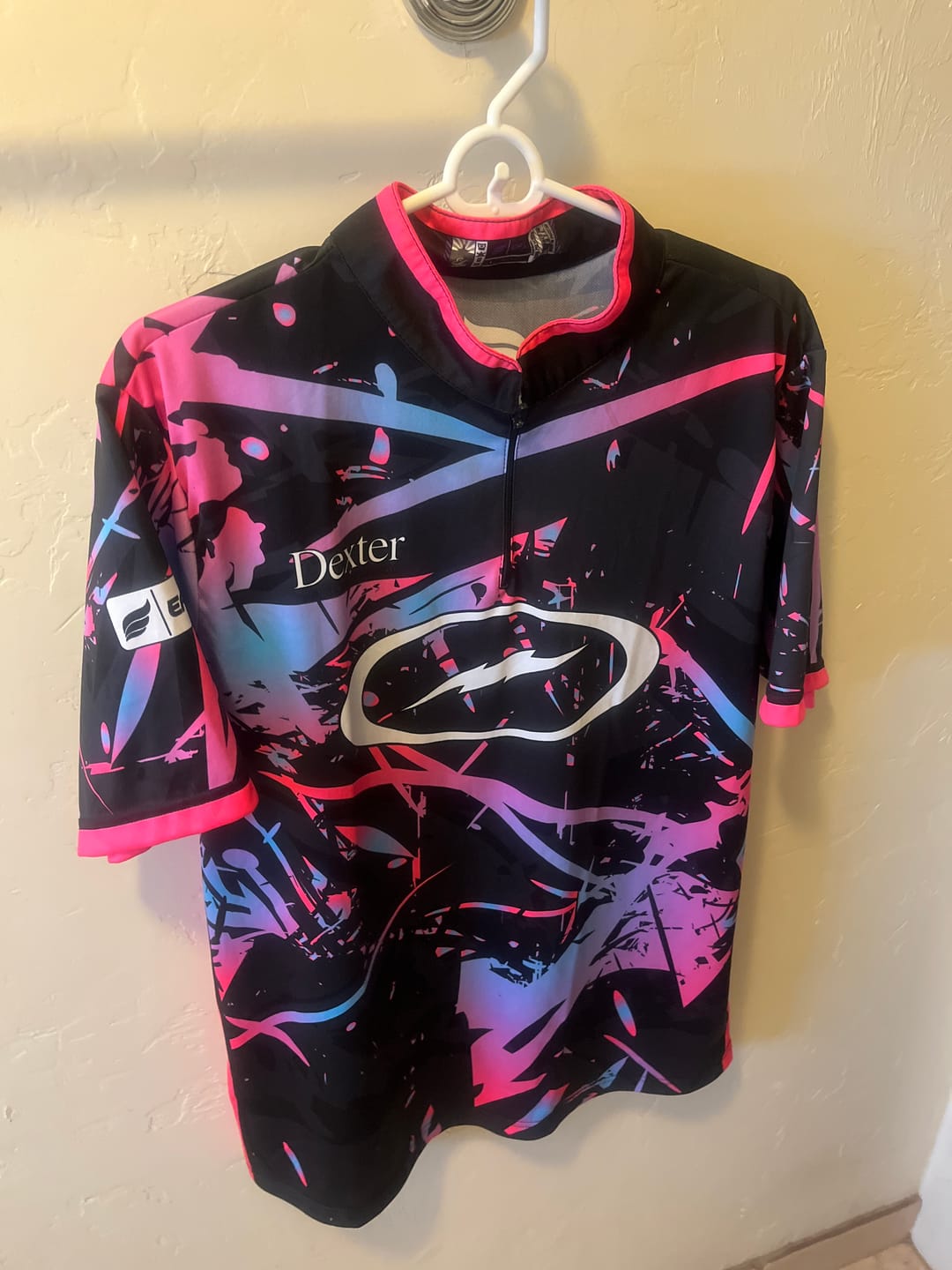 Customer photo review of KARMA - NEON PINK BLUE - BOWLING JERSEY