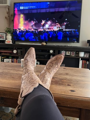 Customer photo review of Dan Post Ladies Silvie Bone Leather Snip Toe Tall Western Boots DP4276