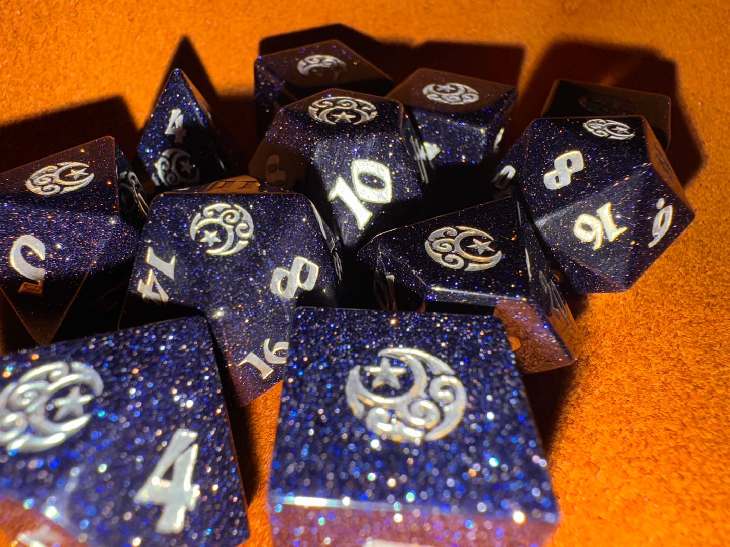 Customer photo review of URWizards D&D Blue Sandstone Engraved Dice Set Moon Star Style