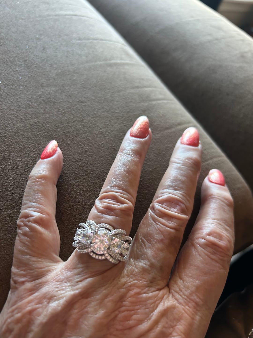 Customer photo review of Five Stone Round Moissanite Multi-Row Crossover Pave Engagement Ring